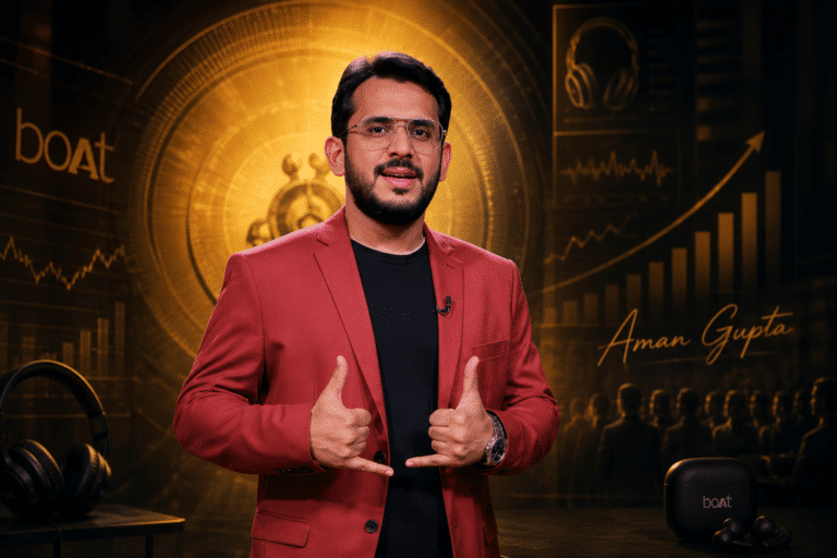 Aman Gupta, co-founder of boAt and investor on Shark Tank India, speaking at a business event