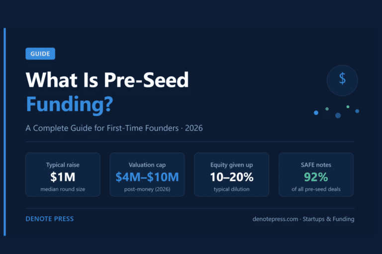 What Is Pre-Seed Funding? A Complete Guide for First-Time Founders (2026) What is pre-seed funding — a complete guide for first-time startup founders in 2026 showing key statistics including $1M median round size and 92% SAFE note usage